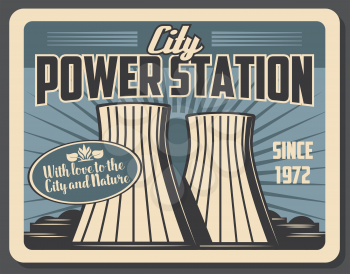 City power station with factory pipes. Powerful plant to supply city with energy. Industrial construction produces fuel or petrol and heating in downtown. Vector signboard design