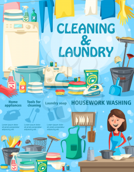 Cleaning and laundry, housework washing and home appliances, soap and tools. Woman with dishware, lean clothes and washer, detergent and sewing machine, bucket and broom, iron and towels vector design