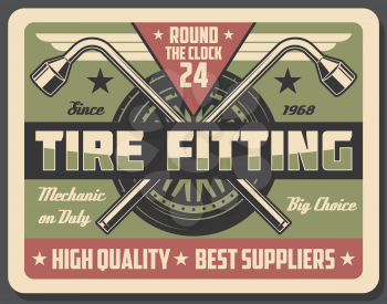 Car service and tire fitting vector signboard. Metal spanners and wheel on auto repair work, vintage style. Tools to fix or replace external and internal parts. Vehicle maintenance and repair