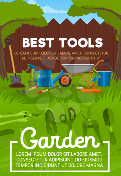 Garden tools with shovel and sprayer, watering can and rake, cart and water hose, bucket and secateurs on grass lawn with wooden fence under trees. Equipment for gardening and planting, vector design