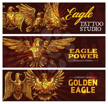Golden eagle symbolizing power and strength. Vector heraldic symbol. Tattoo studio banners heraldic antique bird of gold plumage with broad wings. Mythical griffin, mascot nobility golden signs