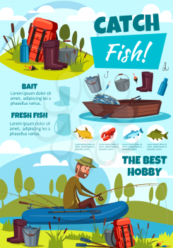 Fishing sport, fish catch and fisherman in boat. Camp near river bank, man with fishing rod and backpack, rubber boots and crayfish, carp and trout. Vector poster of outdoor fishery activity