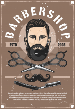 Barber shop haircut salon vector retro poster. Man with beard and mustaches, haircut made with scissors and vintage razor. Barbershop or trendy hipster haircutter salon services and male person head