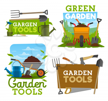 Gardening tools and equipment, garden work isolated icons. Shovel, rake and fork, wheelbarrow with ground and watering can, axe and saw, cutter and pitchfork farmer tools