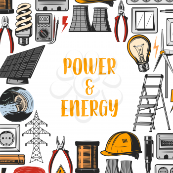 Energy and power industry, vector. Electricity producing plant and heat stations, hydro and wind energy, nuclear power, pliers and ladder, battery and light bulbs, socket and plastic helmet