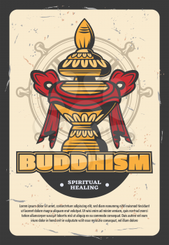 Oriental religion Buddhism vector poster. Gold monks vessel for food wrapped in ribbon. Religious holy attribute of India and China on navigation wheel. Spiritual healing through faith and believe