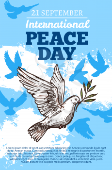 Peace day poster with white holy dove, international holiday. Pigeon in sky among clouds, flying bird with spread broad wings and symbolic olive branch in beak. Vector illustration