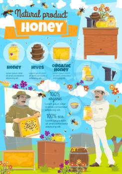 Honey apiary and beekeeping. Beekeeper in protective clothing among bees and honeycomb. Beehives and containers, barrel and jars, flowers for pollination at country farm. Vector natural honey