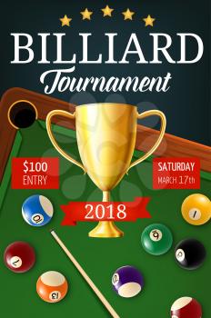 Pool billiards tournament announcement. Gold trophy cup, color balls with numbers and snooker cues on green table with holes. Billiard team championship, sport game vector