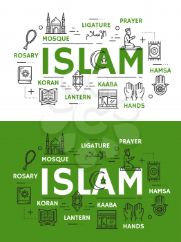 Islam religion and culture line art vector icons. Muslim mosque, hands and Kaaba, Ramadan lantern, holy Koran book and ligature, prayer or salah on knees, rosary and hamsa symbols