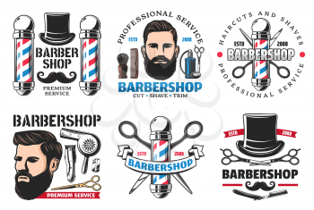 Barber shop icons isolated. Man with hairstyle, beard and mustaches, shaving retro razor blade and scissors with hair dryer, tall hat and male cologne bottle. Hipster hairdresser salon signs vector