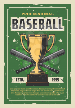 Baseball championship retro poster with gold trophy cup and bats as sportive items. Professional team sport league vintage tournament announcement. Baseball club tournament golden prize vector