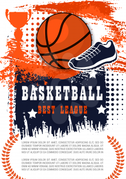 Basketball sport tournament, poster with ball and sneaker shoe. Sporting items of team game and trophy cup silhouette. Professional championship or competition announcement