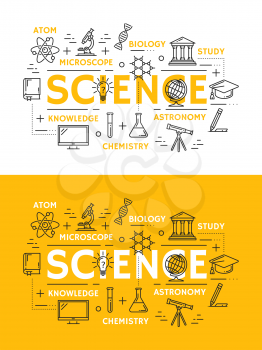 Science and scientific items, equipment vector design. Atom and microscope, biology and study, astronomy and chemistry, knowledge, book and monitor, flasks and globe outline icons