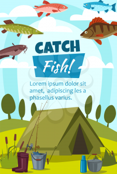 Fishing sport and camping or hiking with tent and fishes. Catfish and pike, trout and perch, rubber boots and bucket, kettle and fishing rods, thermos. Vector illustration
