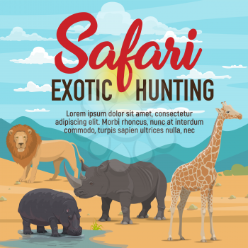 Wild African animals and birds, safari exotic hunting. Lion and rhinoceros, hippo and giraffe in desert and savannah. Vector cartoon illustration
