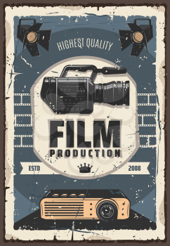 Cinema and movie industry, retro film production. Shooting camera and lighters, old projector and crown sign. Devices or tools for motion picture filming and watching on big screen. Vector design