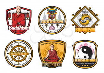 Religious Buddhism icons with monk in red robe and religious symbols. Dharma wheel and monastery, gold fishes and yin yang, lotus flower and flag symbols. Oriental religion attributes, vector design