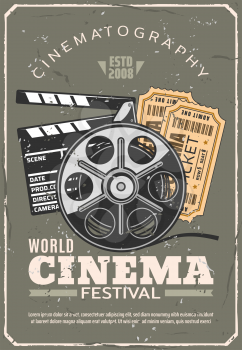 Cinema or movie festival retro poster, tickets for seance and film reel beside clapperboard. Cinematography industry and motion picture production and projecting vintage equipment, vector illustration