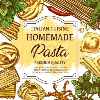 Italian homemade pasta traditional food. Spaghetti, macaroni and penne, fusilli, rigatoni and ravioli, fettucine, stelline and conchiglie, farfalle and tagliatrlli. Vector sketch