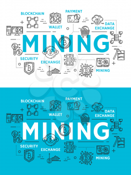 Mining of cryptocurrency, digital money outline icons. Blockchain and wallet, payment and data exchange, security and storage symbols. Cryptocurrency extraction technology, flat vector signs