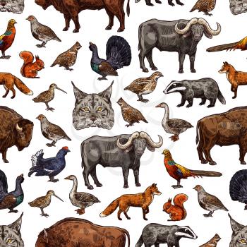 Animals sketch seamless pattern. Vector background of wild hunt and African safari animals and bird of buffalo, grouse or duck, lynx or woodcock and badger or fox and squirrel with pheasant