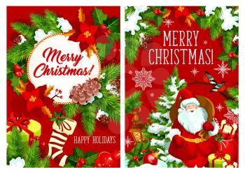 Merry Christmas greeting card for winter holidays happy wish design. Vector Christmas tree decoration, New Year stocking for Santa present gifts and holly wreath with poinsettia garland in snowflakes