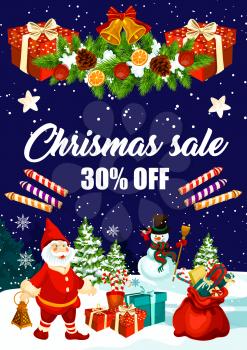 Christmas sale banner of winter holiday discount price offer. Snowman and Santa Claus with gift bag and Xmas tree poster, adorned by New Year garland with bell, ribbon bow and star for retail design