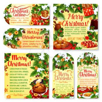 Christmas holiday party tag and greeting card set. Xmas cookie, cake, pudding and mulled wine festive table, decorated with Xmas tree and holly branch, star, snow and ribbon for winter holidays design