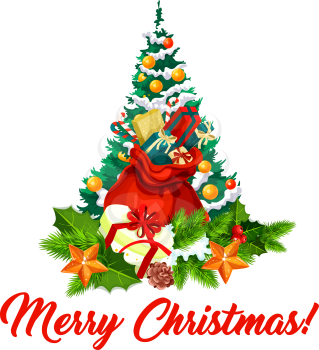 Merry Christmas wish lettering and Xmas tree in ornaments and decorations. Vector isolated icon of Santa gifts bag and holly wreath for New Year or Christmas winter holiday season greeting card