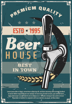 Beer house or craft brewery traditional production line retro poster. Vector vintage advertisement design of bar or pub tap with wheat for premium quality beer brewing