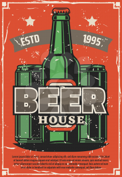 Beer brewery house retro poster of craft or lager beer in bottles and cans. Vector vintage design with premium quality stars on ribbon for draught beer bar or Oktoberfest pub