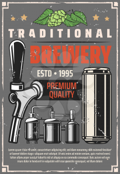 Beer brewing factory or traditional brewing production line retro poster. Vector vintage design of barrel cask, draught beer tap and can with hop and malt leaf