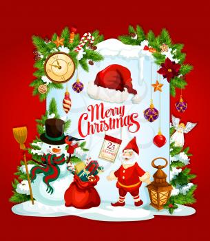Christmas greeting card with Santa Claus and New Year gift. Snowman, Santa and presents winter holidays festive banner with Xmas tree garland, red hat and snowflake, calendar, candy, ball and star
