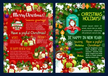 Christmas holidays festive poster with frame of New Year gift. Xmas tree with present, Santa and snowman, snowflake, bell and ball, candle, holly berry and candy, cookie and poinsettia for Xmas design
