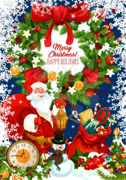 Santa Claus with gift and Xmas wreath greeting card of winter holiday design. Santa, snowman and New Year present poster, framed by snowflake, holly and fir branch, ribbon bow, star and midnight clock