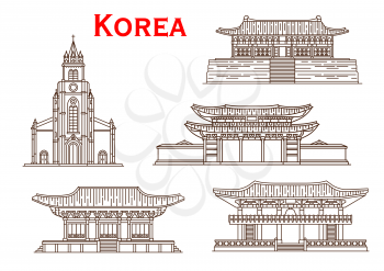 Korea famous historic architecture buildings and temples. Vector thin line facades of Haeinsa, Changgyeong palace in Seoul, Bulguksa monastery or Bosingak bell tower and Myeongdong cathedral