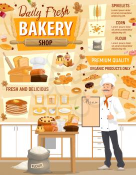 Bakery or baker shop, pastry and baking ingredients at kitchen. Vector design of baker man in chef hat with wheat bread, bagel or croissant and bun, chocolate donut and dough from flour bag
