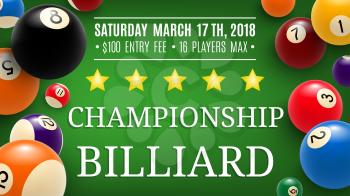 Billiard championship announcement. Vector design of snooker pool balls with numbers on green table with golden stars, sport game team or league contest