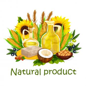 Natural cooking vegetable oil and nut butters, healthy cooking. Vector organic oil bottle of extra virgin olive, sunflower seed or coconut and corn or flax and hemp