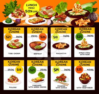 Korean cuisine traditional food menu. Vector lunch offer discount for tubu chorim, bibimpab or majjaccva and kimchi stew with pork, pullogs or green onion pancakes with garlic and beef with vegetables