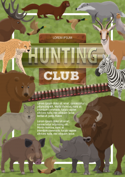 Hunting club poster of wild animals and birds or bullet for rifle gun. Vector hunt open season design of bear, African safari cheetah panther or buffalo and rhinoceros or ducks and wolf