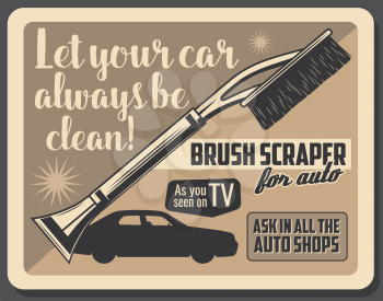 Car accessory advertisement poster for TV shop windshield brush and glass scraper. Vector vintage design for auto service or transport garage station and spare parts store