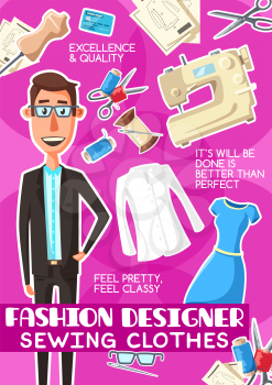 Fashion designer man profession poster. Vector dressmaker or tailor in glasses in suit with sewing machine, dress on dummy mannequin with thread and needle and scissors for tailoring