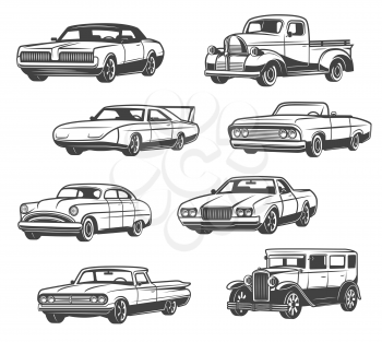 Retro cars and vintage automobile models. Vector isolated icons of antique minivan or passenger coach with taxi cab or sport car cabriolet with retractable hood and old luxury limousine