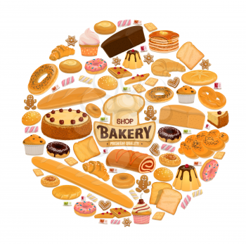 Bakery shop poster for patisserie or cafeteria. Vector design of baker chef hat with bread and cake, marmalade or caramel sweets and pastry desserts, fruit pie and berry cupcake or donut and croissant