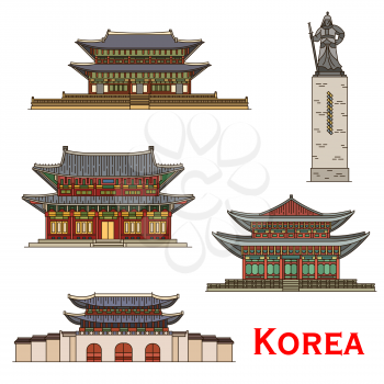 Korea famous architecture and historic traditional buildings facades. Vector palaces of Changdeokgung or Changdeok, Deoksugung or Deoksu, Gwanghwamun gates and Yi Sun-sin monument in Seoul
