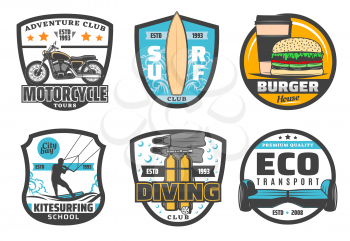 hobby and sport or leisure activity icons. Vector badges for motorcycle adventure club, surfing or kitesurfing and scuba diving school, eco transport of electric scooter or hoverboard and fast food