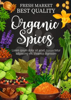 Herbs and spices seasonings poster for best quality farm market. Vector design of white, red and black pepper or poppy seed and cinnamon with lavender or vanilla and celery or onion and parsley