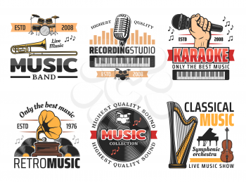 Music instruments icons for karaoke club, live music show or band concert and festival or recording studio label. Vector drums, synthesizer or retro gramophone and vinyl or orchestra harp with piano